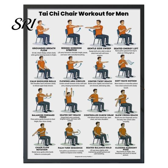 Tai Chi Chair Exercise Poster Workout Unframed Routine Clear Visual Instructions Low Impact Guide Seated Chart for Seniors Beginners Gentle