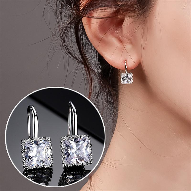Women Luxury Diamond Square Ear Stud Earrings Vintage Wedding Jewelry Zircon Stone Rhinestone Brief Gift