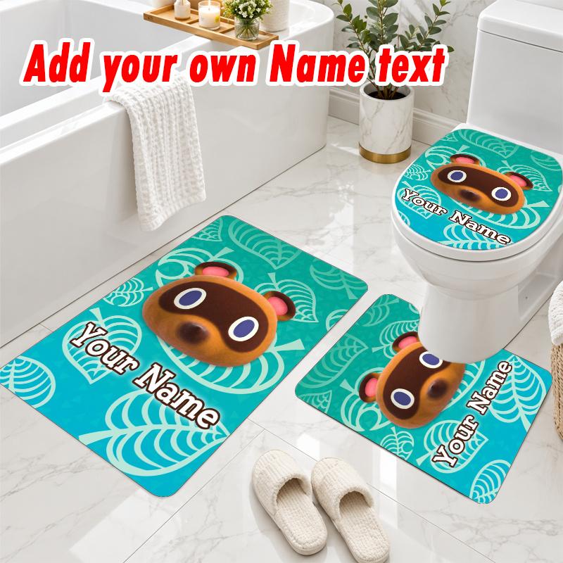 Personalized Animal Crossing 3Pcs Flannel Toilet Mat Set Custom Text Bathroom Rug Non Slip