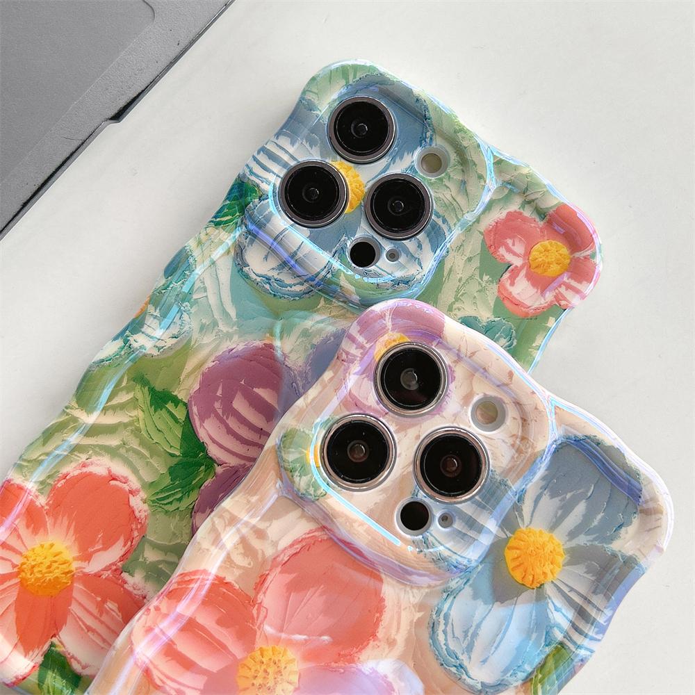 Laser Blue Light Flowers Case For iPhone 15 14 12 13 11 Pro Max Wavy Frame Pattern Camera Protection Shockproof Soft Cover Funda