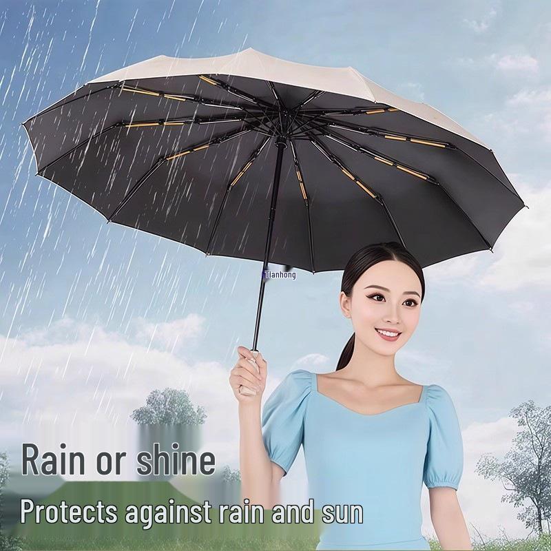 24-Rib Automatic Umbrella: Durable, Unisex, UV & Rainstorm Protection, Three-Fold Design for Sun and Rain.
