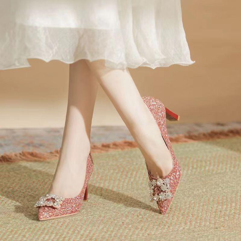 

2025 Fashion Women s Shoes Basic Women s High Heels Slip on Wedding Pumps Women Crystal Bling Pointed Toe Thin Heel Shoes Ladies 34 красный