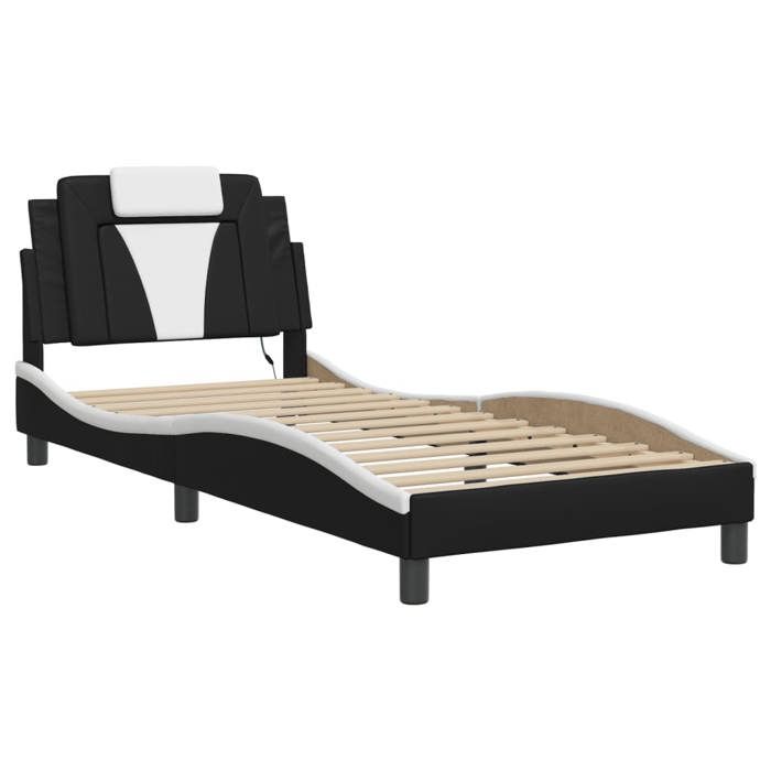 VidaXL Bed Frames with LED Lights, Upholstered Bed with Cushion, Single Bed, Adult Bedroom Bed, Modern, Black White 3213999