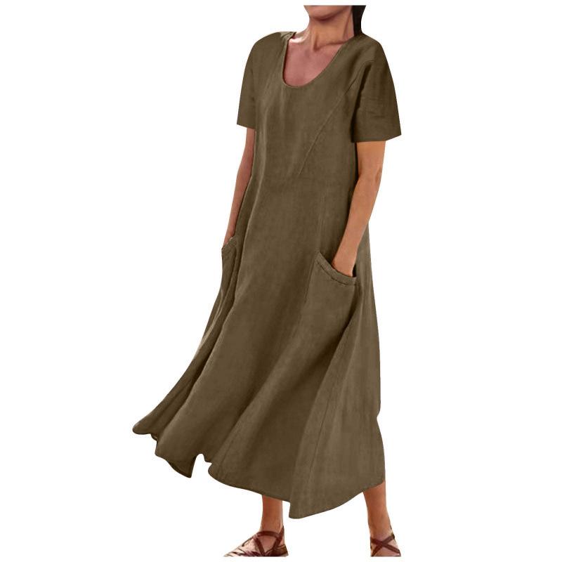 Women's Solid Color Round Neck Short Sleeve Loose Hem Dress