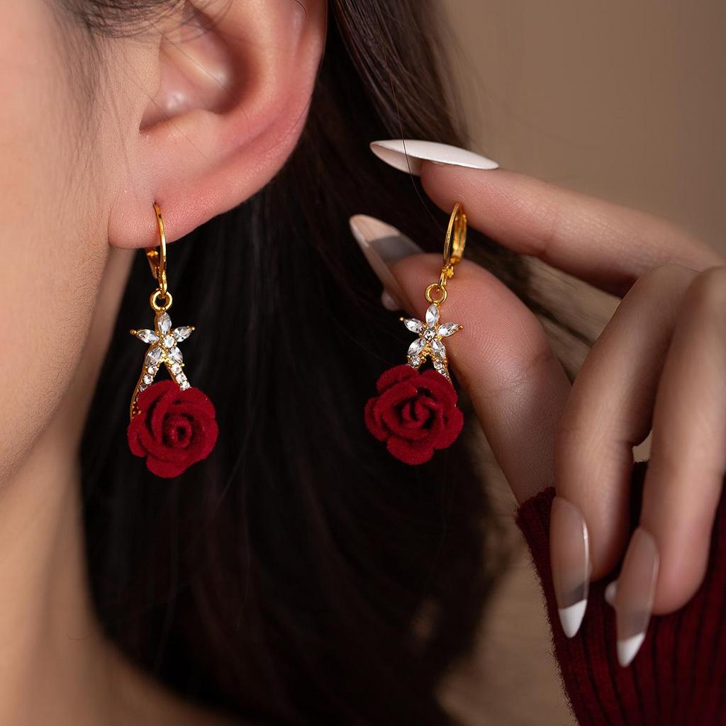 2024 Burgunderrote Ohrringe mit Schleife: Silbernadel, eleganter chinesischer Stil für Neujahr und Frühlingsfest