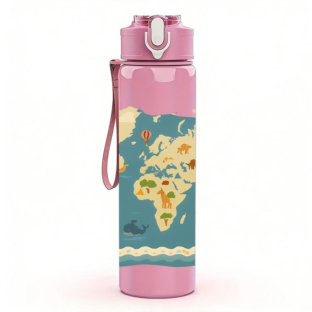 1PC Vintage World Map Ocean Continent 750ml Color Plastic Sports Water Bottle Leakproof Flip Straw Lid Suitable for Sports Office Home Use