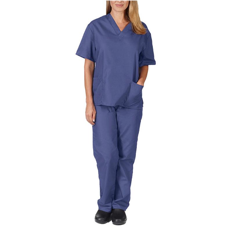 European and American Style Solid Color V-Neck Nursing Uniform Set for Women - Protective Two-Piece with Pockets