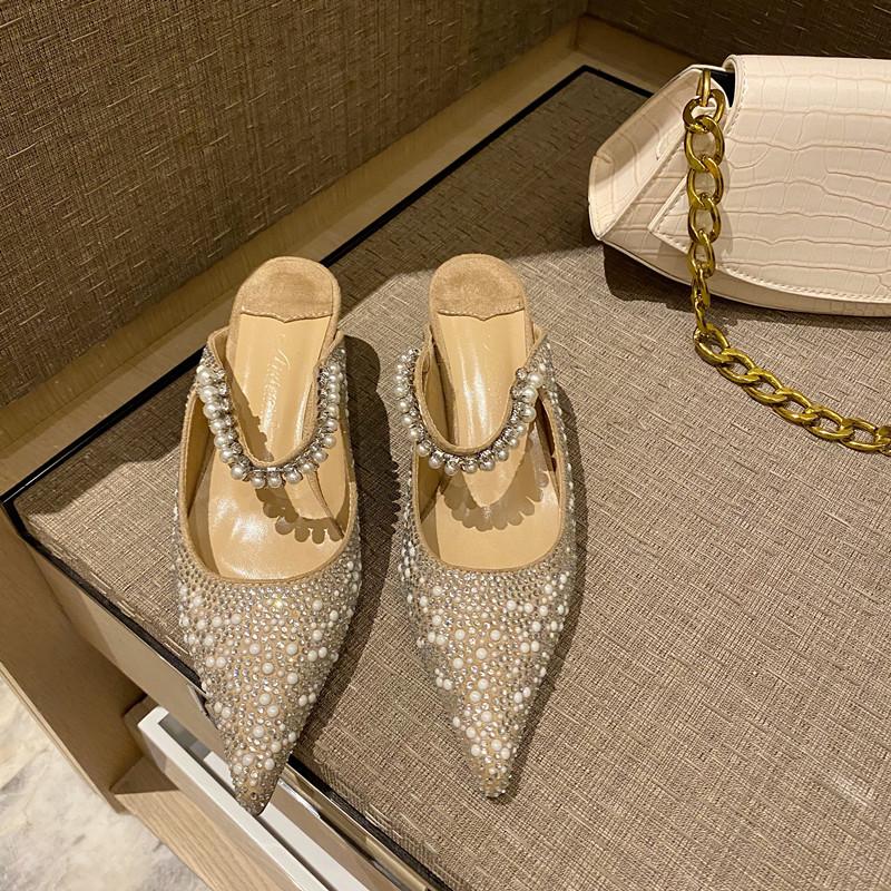 

Осенние туфли-лодочки на высоком каблуке с жемчугом и стразами, сандалии, тапочки, свадебная обувь, женская одинарная обувь, клубная 39
