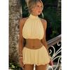 Outfitgirl5 Yellow Halter Backless Ultra Short Vest Bubble Skirt Short Skirt Casual Vacation Style Suit