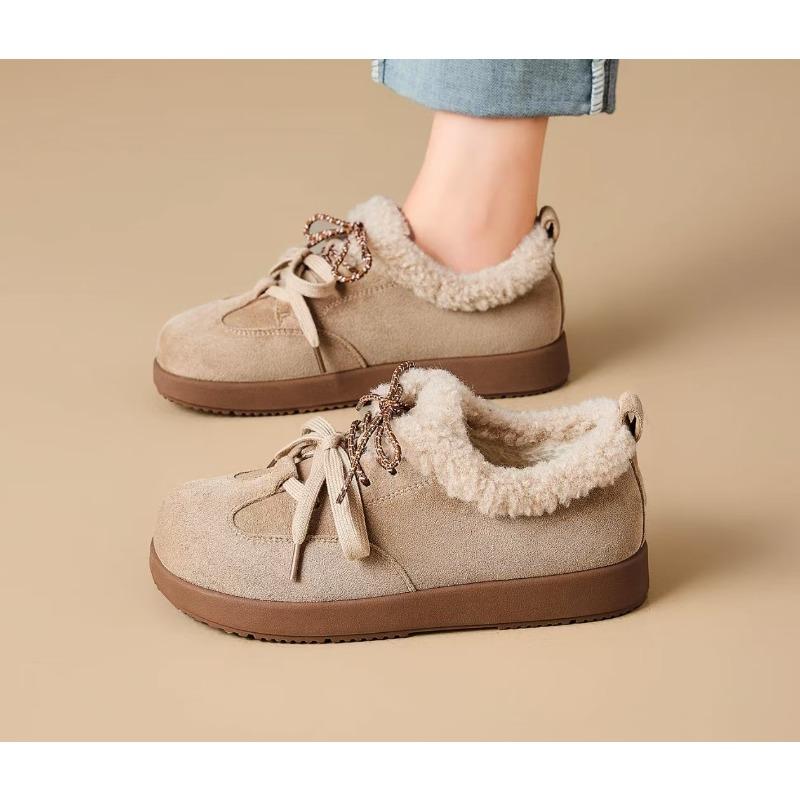 Fashion Fuzzy Warm Cotton Shoes 2025 New Autumn and Winter Lace-up Casual Retro Fleece Flats