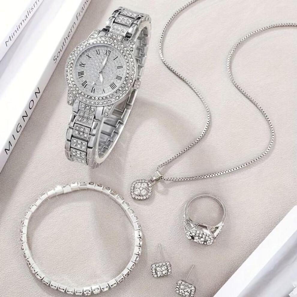 (silver) 6 Pcs/Set Women's Watches, Luxury Rhinestone Quartz Watch, Roman Fashion Analog Watch and Jewelry Set, Gift for Mom and Her