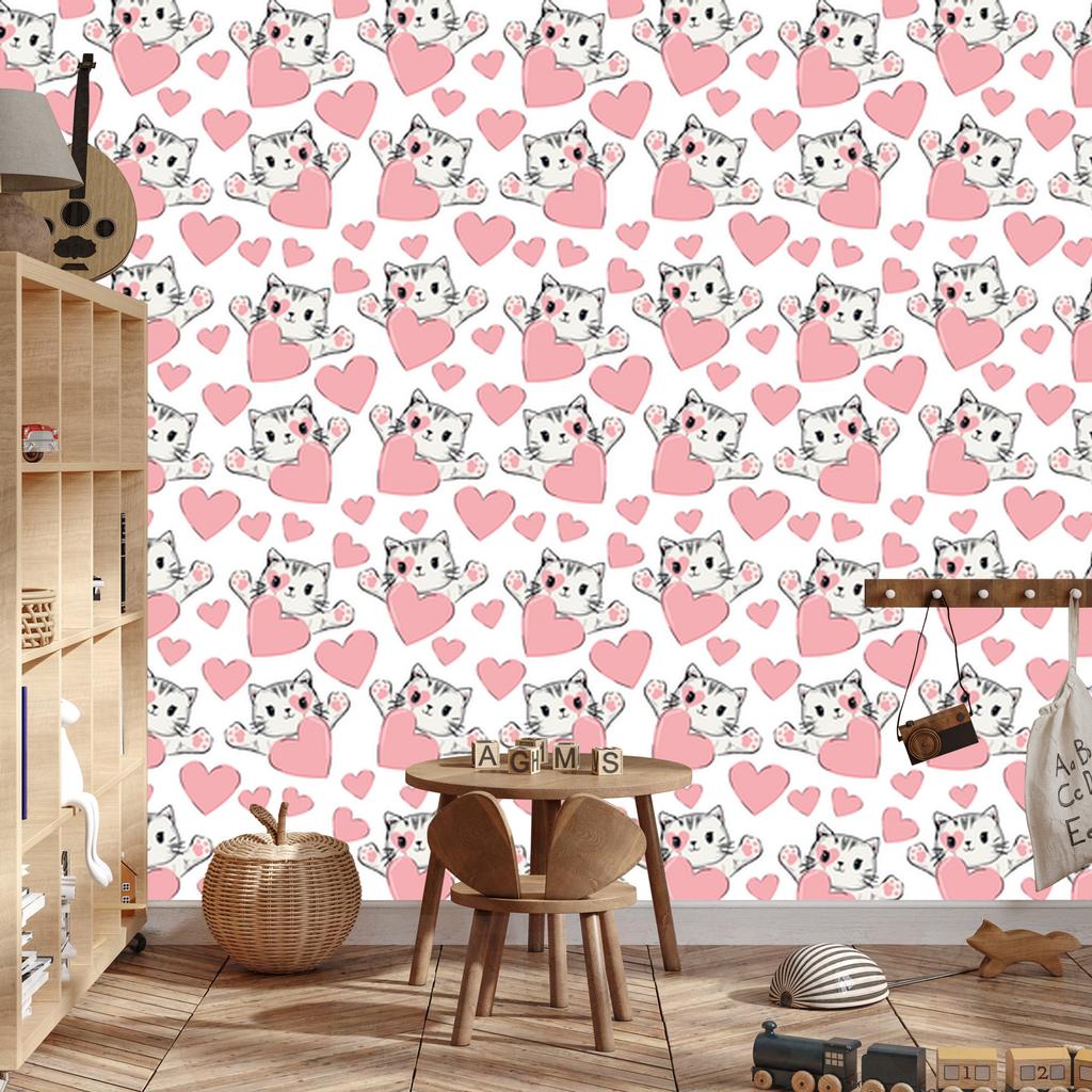 Little kittens and hearts wallpaper for living room and bedroom 50x1000
