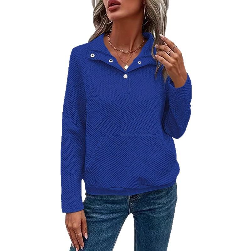 Buttoned Collar Long Sleeve Solid Texture Casual Women S Sweatshirt