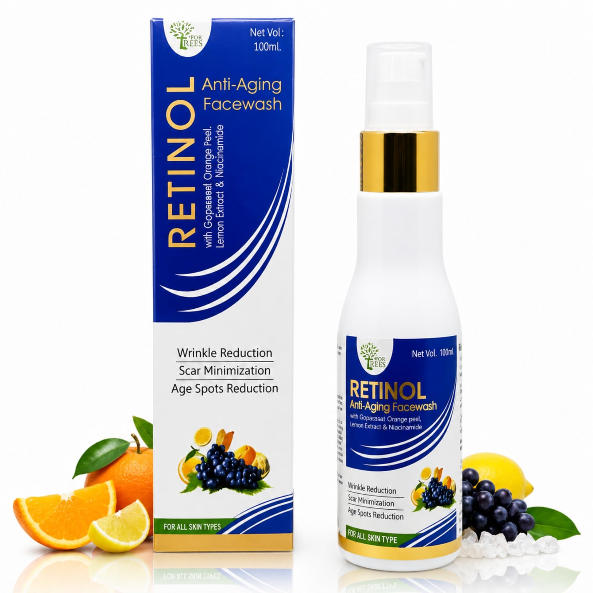 Four Trees Retinol Anti Aging Face Wash | Wrinkle Reduction | Scar Minimization | Age Spots Reduction | For Men & Women | 200ml (100 ml (Pack of 1))