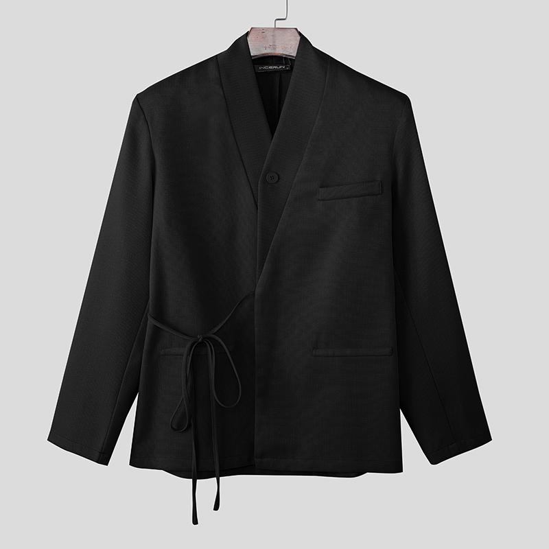 INCERUN Oversized Men Lapel Neck Long Sleeve Side Lace-up Casual Loose Thin Blazer Coats