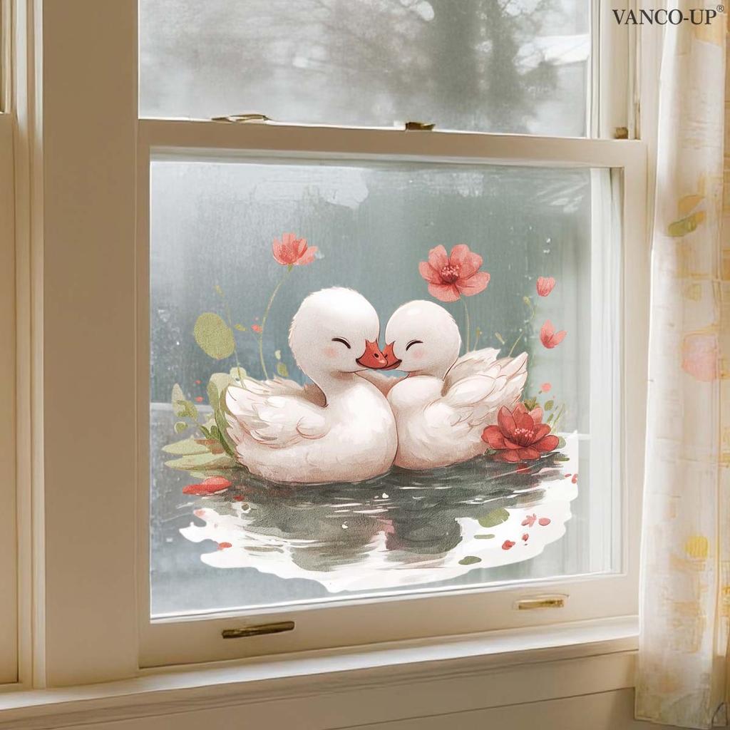 Lotus Pond Duckling Static Cling Window Sticker Removable PVC Double-Sided Visible for Glass Door Showcase Home Decor Art