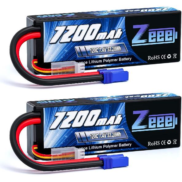 Zeee 2S Lipo Battery 7200mAh 7.4V 120C Hard Case RC Battery with EC5 Connector for RC Car Truck RC Vehicles Truggy Buggy Tank Helicopter Airplane