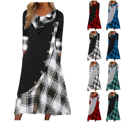 Moda feminina xadrez costura botão bolsos pilha pescoço vestido de manga comprida
