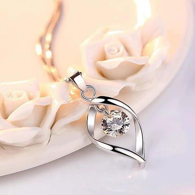 Silver Plated Twisted Open Teardrop Pendant Necklace, Floating Round CZ Box Chain Necklace for Women