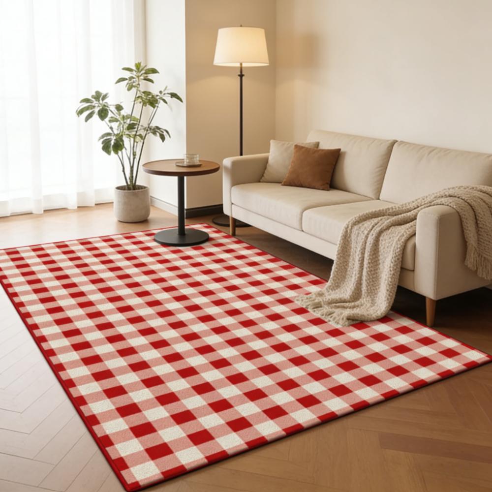 1pc 2D Flat Red White Checkered Area Rug, Machine Washable Non-Slip Decor Mat for Living Room & Under Bed
