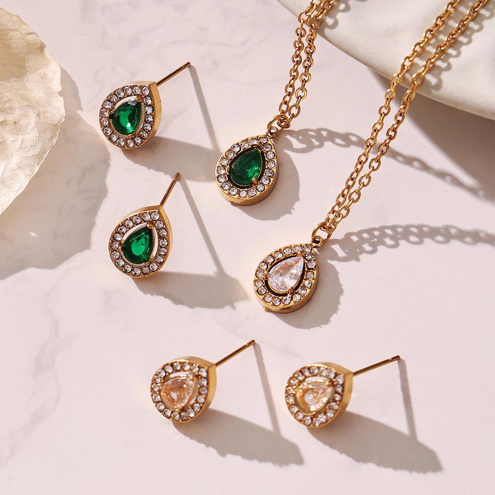 Douyin Trend Wassertropfen Strass Zirkon Anhänger Halskette & Ohrringe Damen Set, 18 Karat Vergoldeter Edelstahl.