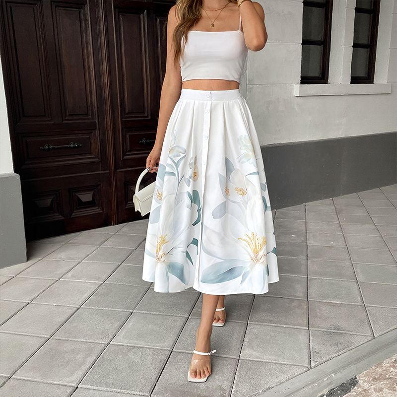 

Spring Summer Women Skirt Ladies Print Dress Fashion Print Women Skirt Beige XL
