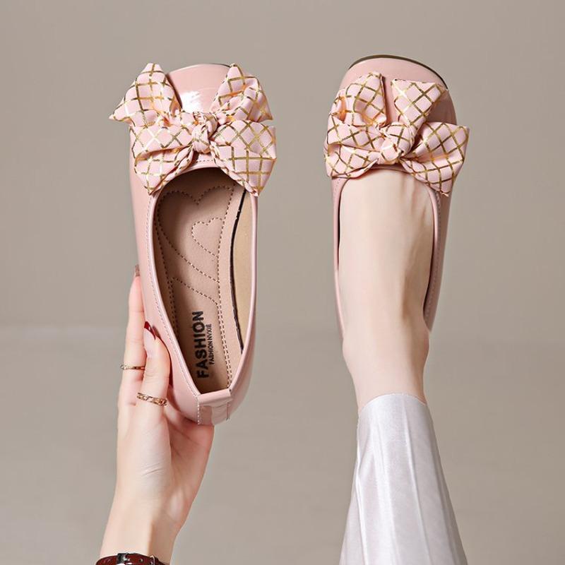 Fashion Fashion Round-toe Women's Flat Shoes 2025 Summer Sweet Ballet Comfortable Elegant Fine Plaid Bow Women's Shoes Large