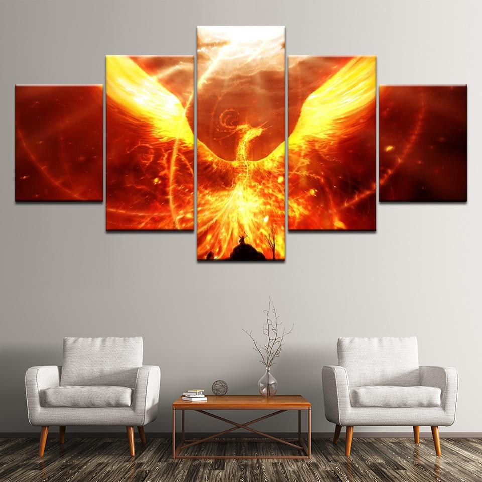 Canvas Painting Fantasy Art Fire Phoenix 5 Pieces Wall Art Painting Modular Wallpapers Poster Print for Living Room Home Decor