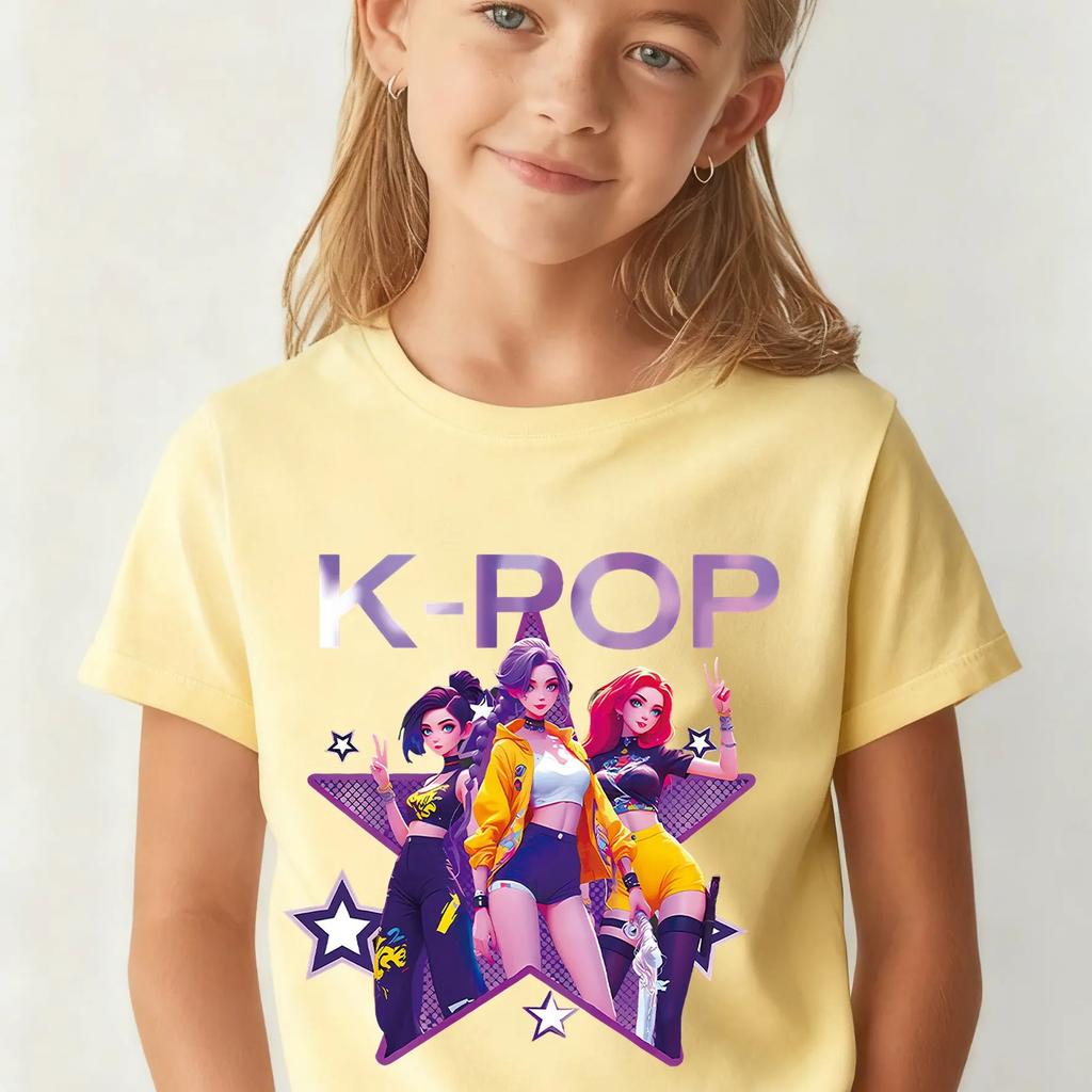 Girls' Street Style Korean Fashion T-Shirt 100% Pure Cotton Cool Korean Concert Style T-Shirt Suitable for Little Girls