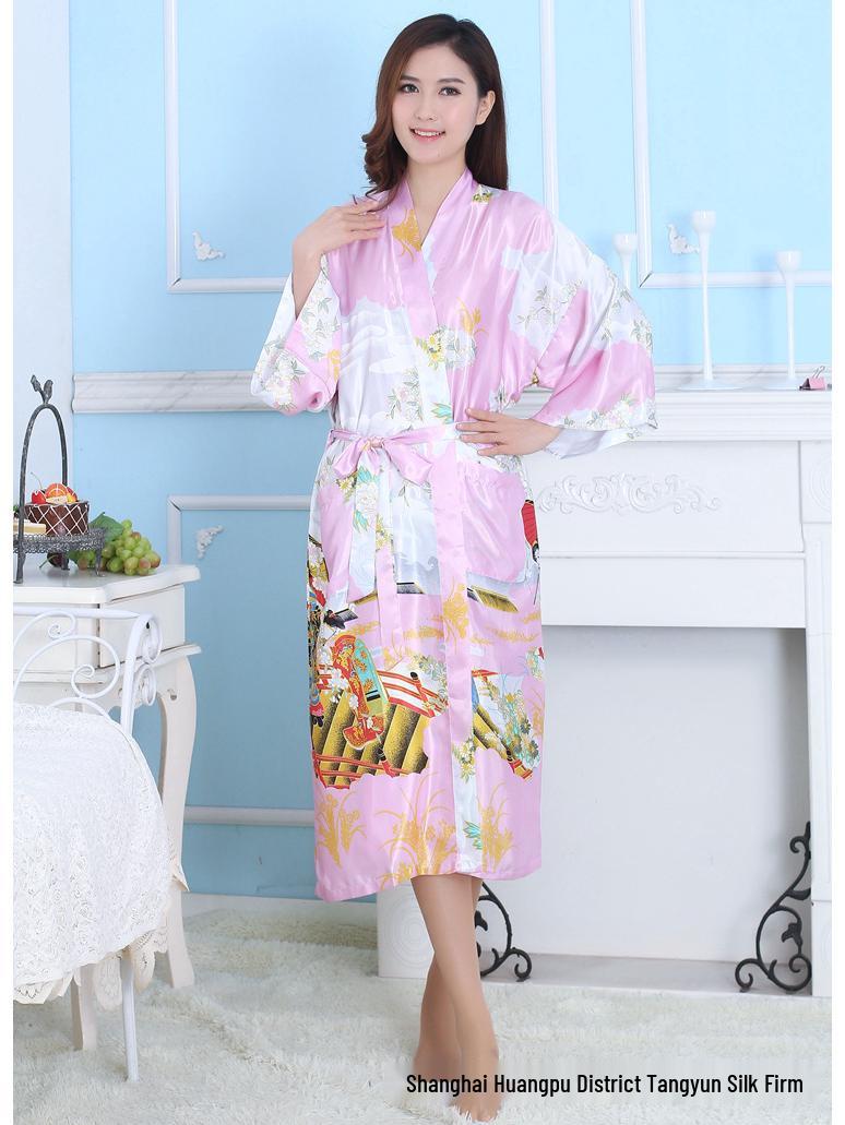 

Очень длинный женский шелковый халат гейши с цветочным сатиновым дизайном One Size розовый