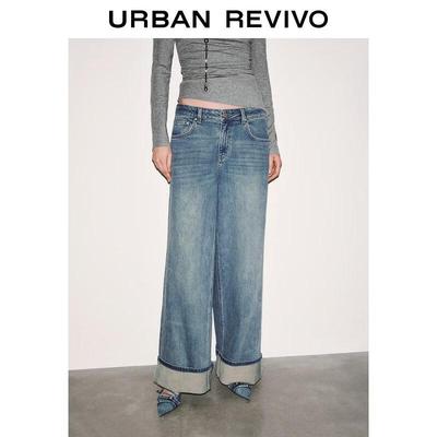 UR2026 Women's Washed Roll-Edge Wide-Leg Jeans