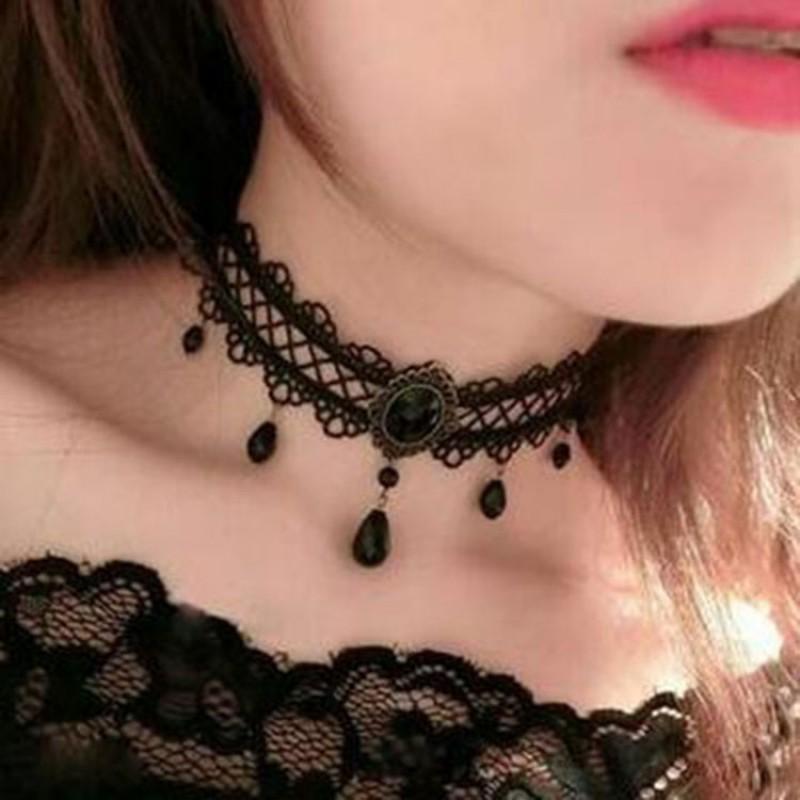 Gothic Lace Choker Necklace Women Minimalist Black Punk Collar Chain With Floral Snake Alloy Pendant