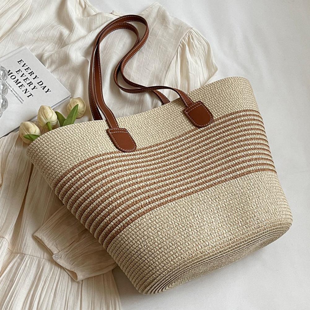 

Женская модная большая сумка, большая вместительная тканая соломенная сумка в полоску, однотонная летняя повседневная сумка для покупок, рабочая пляжная сумка белый