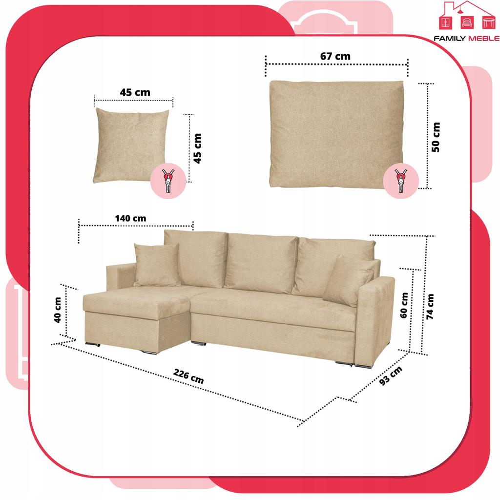 Bella Corner Sofa Bed with Sleeping Function, Corner Sofa, Family Furniture, Beige Velvet