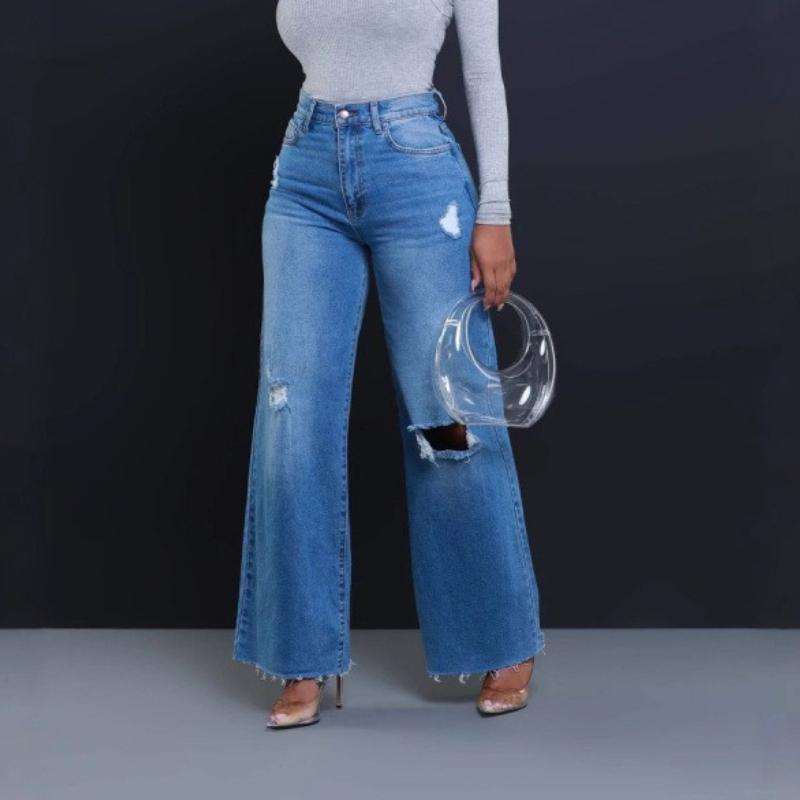 Ripped Jeans Women's High Waist Loose Straight Wide Leg Pants Stylish Frayed Hem Pants, Light Wash with Edgy Vibe