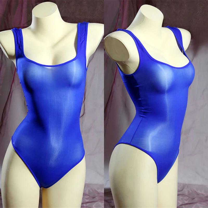 8D Oil Shiny Bodysuit Tops Women Sexy Ultra Thin Transparent Shaping Leotard Jumpsuit Summer Beach Bikini Swimsuit