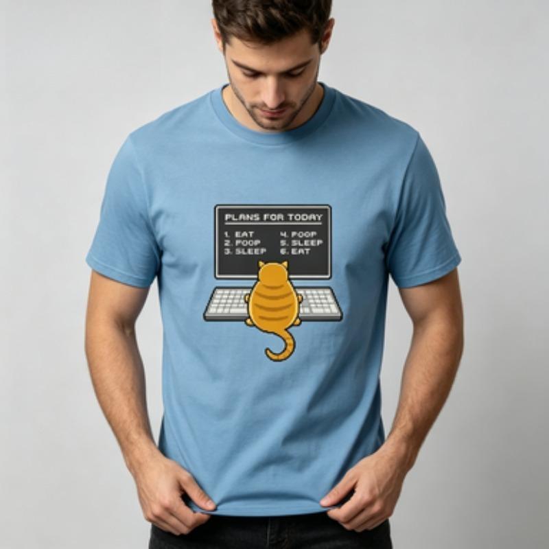 Soft Cotton Unisex Tshirt Funny Cat Computer Daily Schedule Art Print Oneck Trendy Pet Owner Casual Daily Outfit Tops