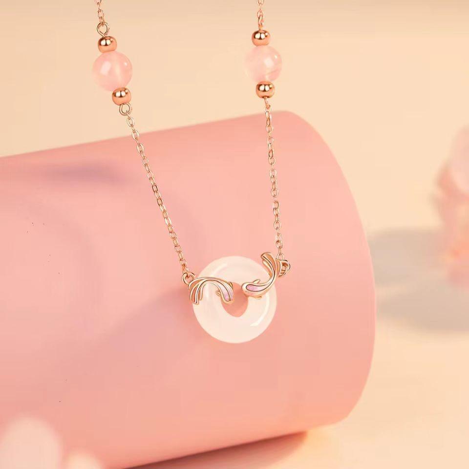 Jade Koi Safety Clasp Necklace: Luxe, High-End Chinese Style Auspicious Fortune Collarbone Chain.