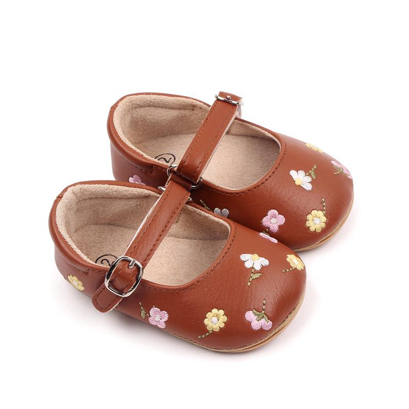 

0-18months Toddler Girls Mary Jane Flats Slippers PU Leather summer Dress Shoes for Infant girl Floral Embroidery Princess Shoes 0-6 Months коричневый
