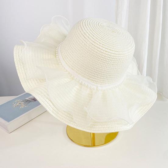 Beach Hat Natural High-Density Straw Fabric Sun Protection Wide Brim Dome Design Sun Hat Lace Bow Faux Pearls Decor Summer Hat