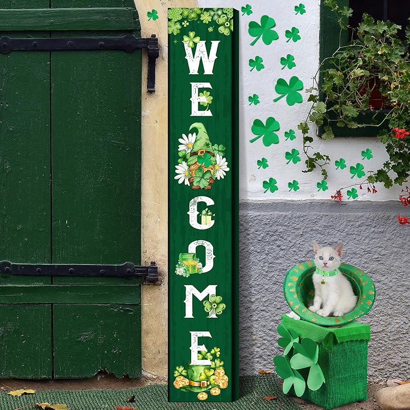 St. Patrick s Day Porch Sign Green Wooden Door Sign Welcome Hanging St. Patrick s Day Decorations Outdoor Indoor Decor for St. Patrick s Day Home Gnome