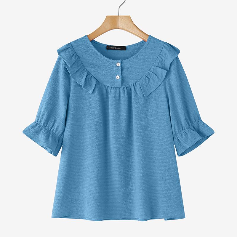 

ZANZEA Женская повседневная блузка с круглым вырезом, однотонная, свободного кроя, с рукавом до локтя 3XL синий