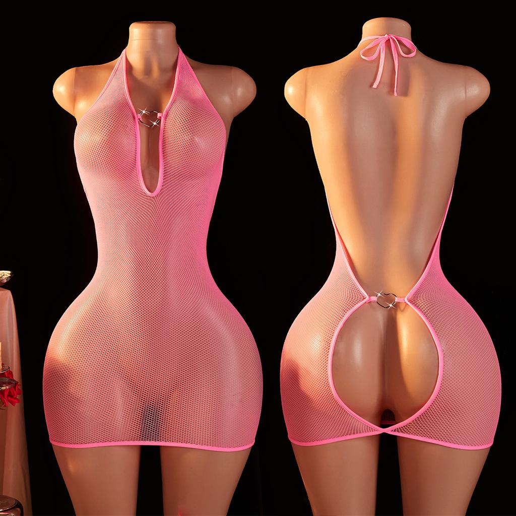 Transparent Pink Erotic Costume Crotchless Women Fishnet Mini Bodycon Dress For Sex Mesh Hollow Out Underwear Sexy Lingerie