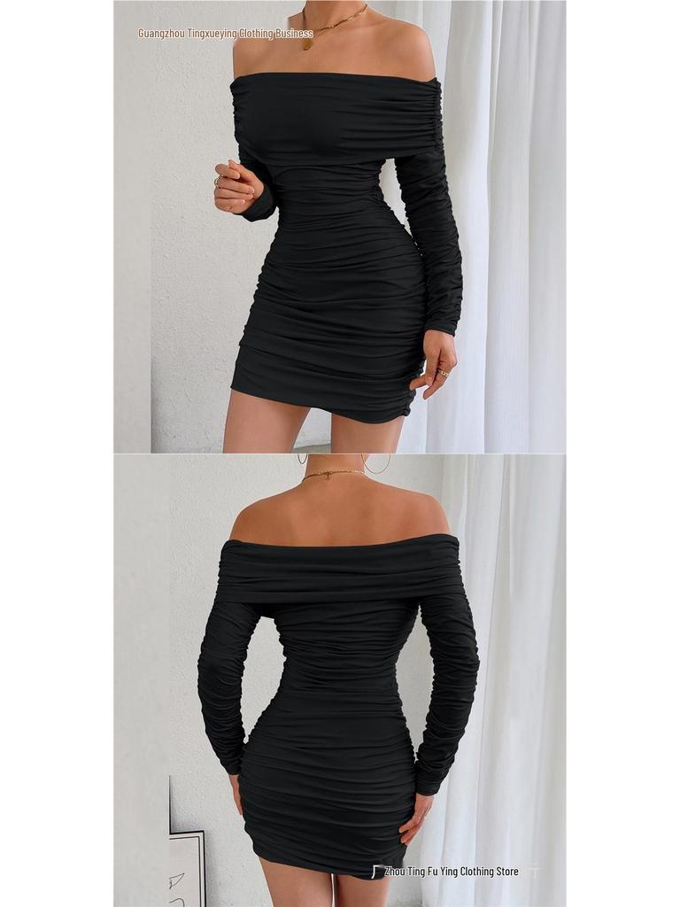 Autumn/Winter One-Shoulder Long Sleeve Pleated Slim-fit Dress for Women