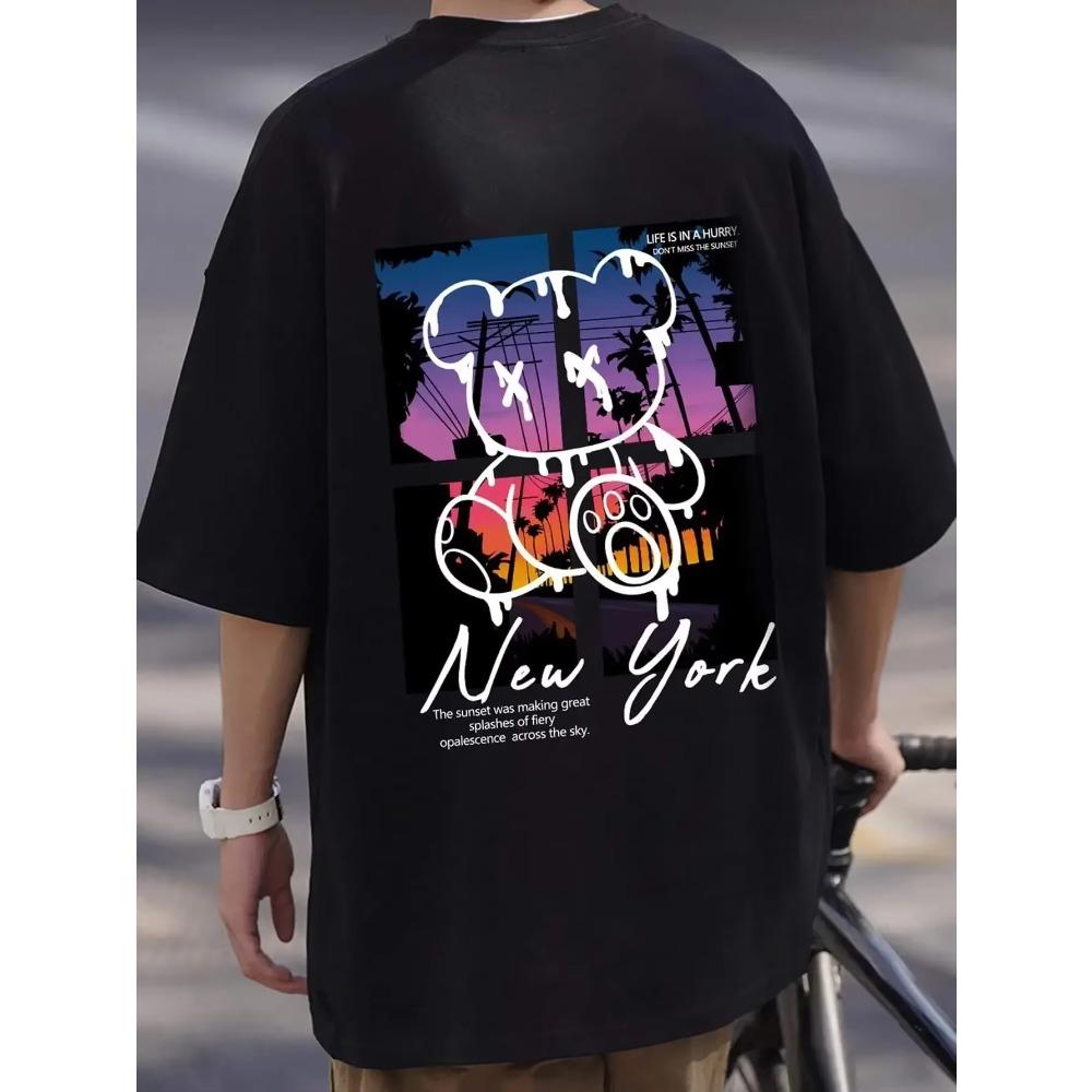 New York Art Word Cartoon Bear Sunset Scenery Design T Shirts Men Fashion Loose Summer  Oversized  Harajuku  Redtube