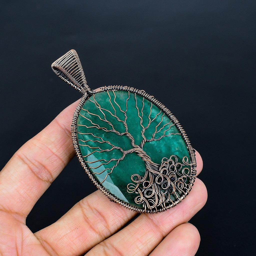 Tree Of Life Emerald Pendant, 999 Copper Wire Wrap Pendant Gemstone Jewelry, Handmade Pendant Amazing Jewelry, Gift For Her