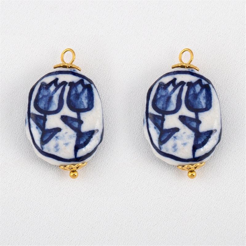 Accessori Orecchini Irregolari in Porcellana Blu Dipinta a Mano Acciaio Inossidabile Materiali per Artigianato
