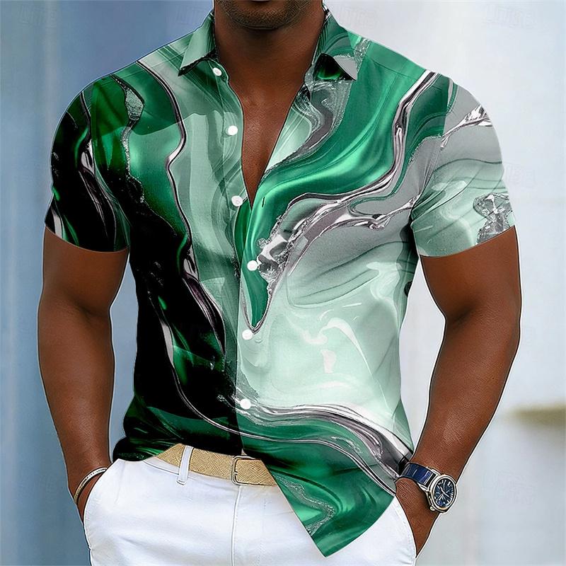 Men's color-blocked shirt, 3D digital print short-sleeved shirt, loose fit for summer, comfortable beach vacation casual shirt.
