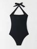 Charming Solid Color Halter Pleated Backless Tummy Control Bikini Swimsuit For Beach