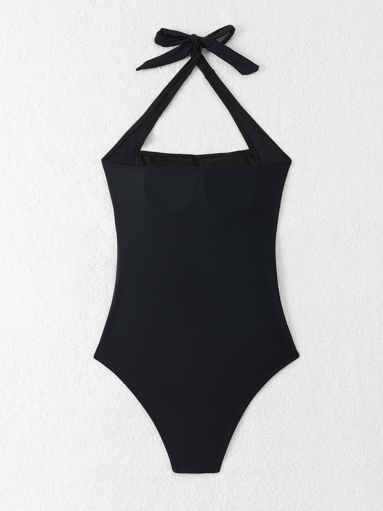 Charming Solid Color Halter Pleated Backless Tummy Control Bikini Swimsuit For Beach